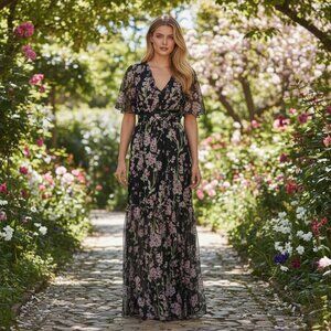 NWT Eywasouls Malibu Floral Chiffon Maxi Dress XS Black